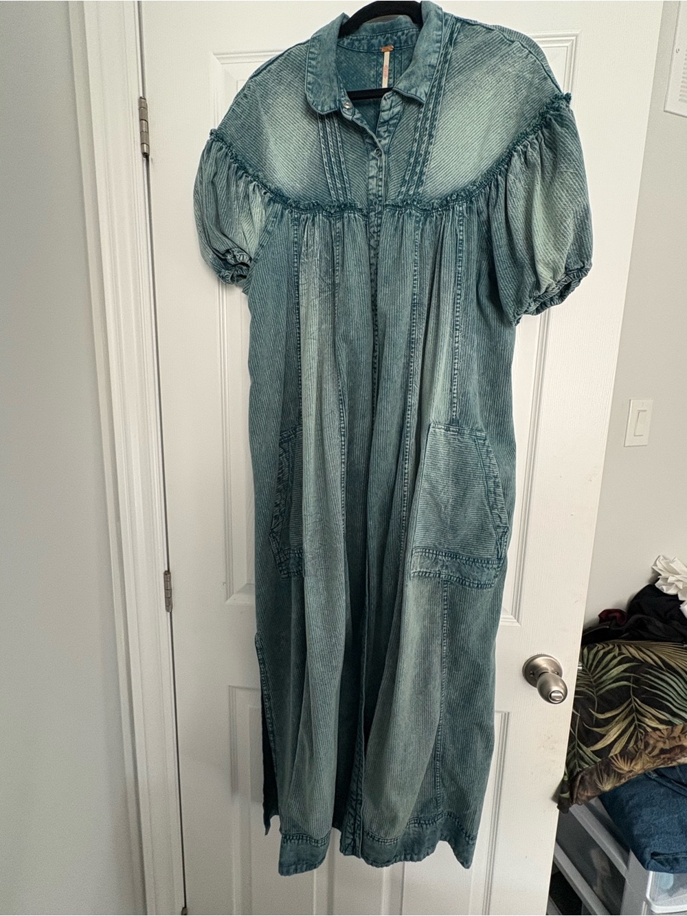 Free People Washed Blue Denim Puff-Sleeve Maxi Dress